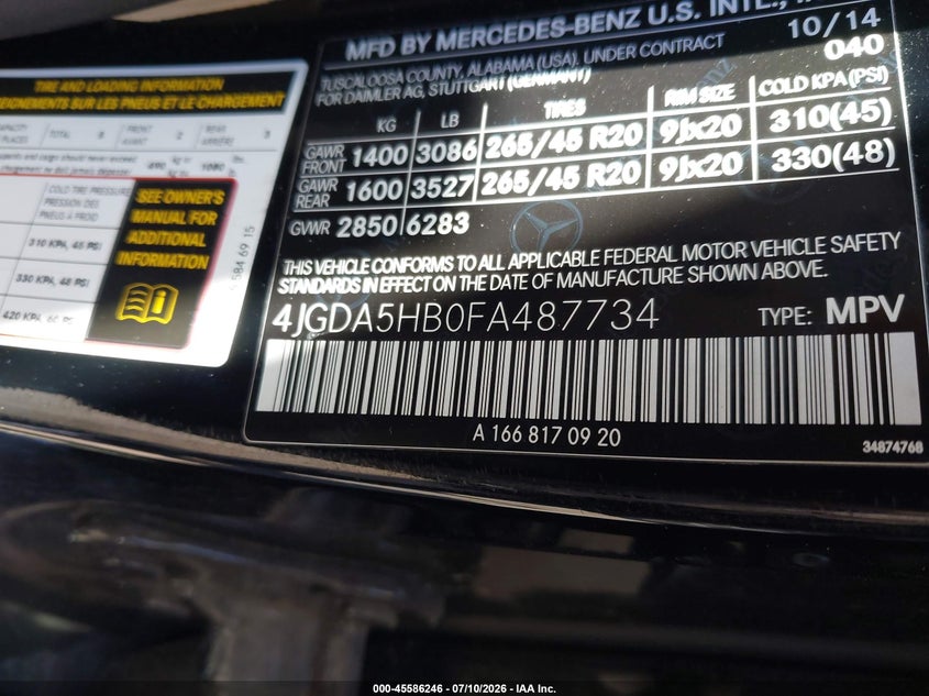 2015 Mercedes-Benz Ml 350 4Matic VIN: 4JGDA5HB0FA487734 Lot: 45586246