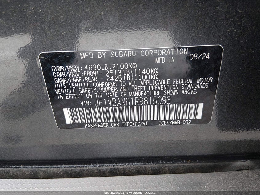 2024 Subaru Wrx Limited VIN: JF1VBAN61R9815096 Lot: 45586264