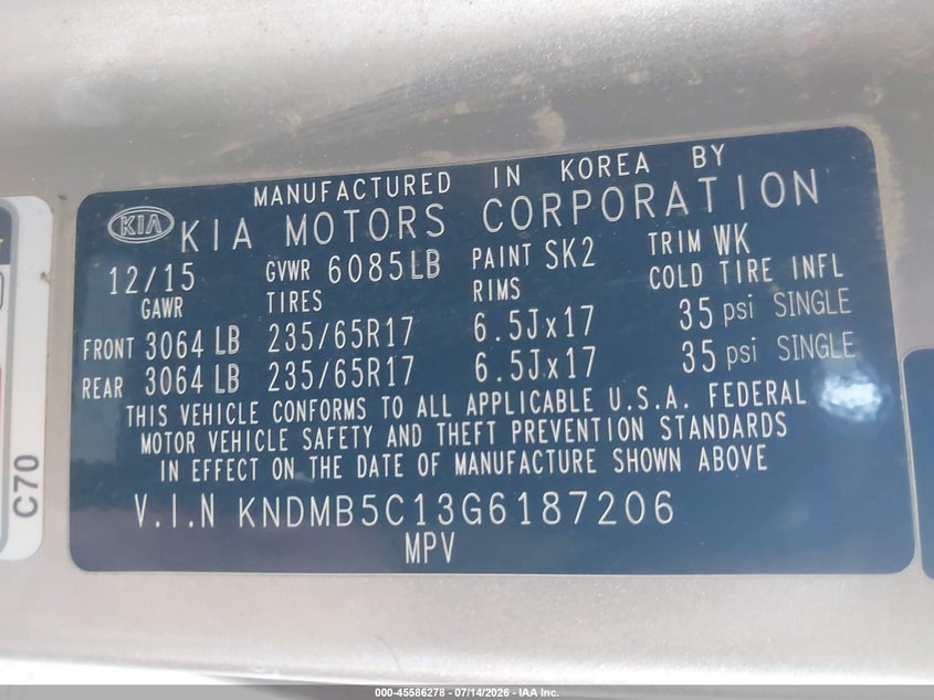 2016 Kia Sedona Lx VIN: KNDMB5C13G6187206 Lot: 45586278