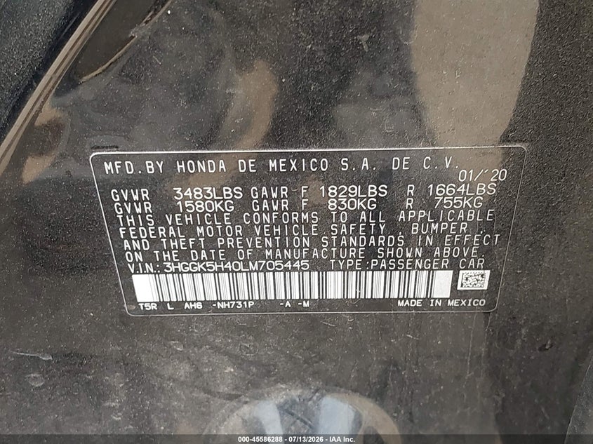 2020 Honda Fit Lx VIN: 3HGGK5H40LM705445 Lot: 45586288