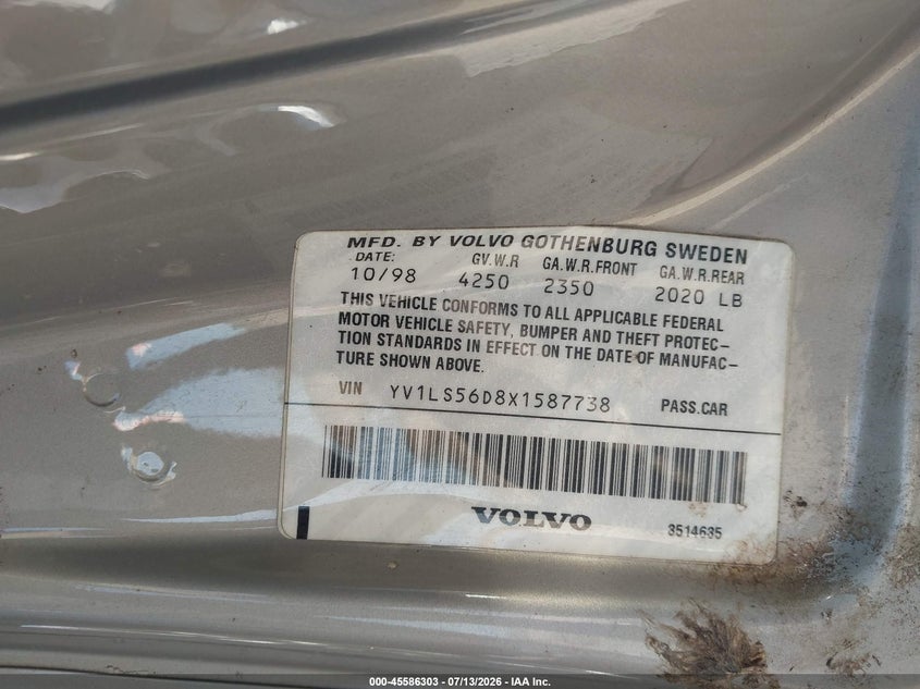 1999 Volvo S70 Glt VIN: YV1LS56D8X1587738 Lot: 45586303