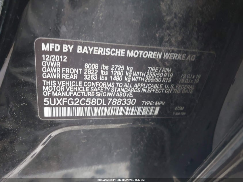 2013 BMW X6 xDrive35I VIN: 5UXFG2C58DL788330 Lot: 45586311