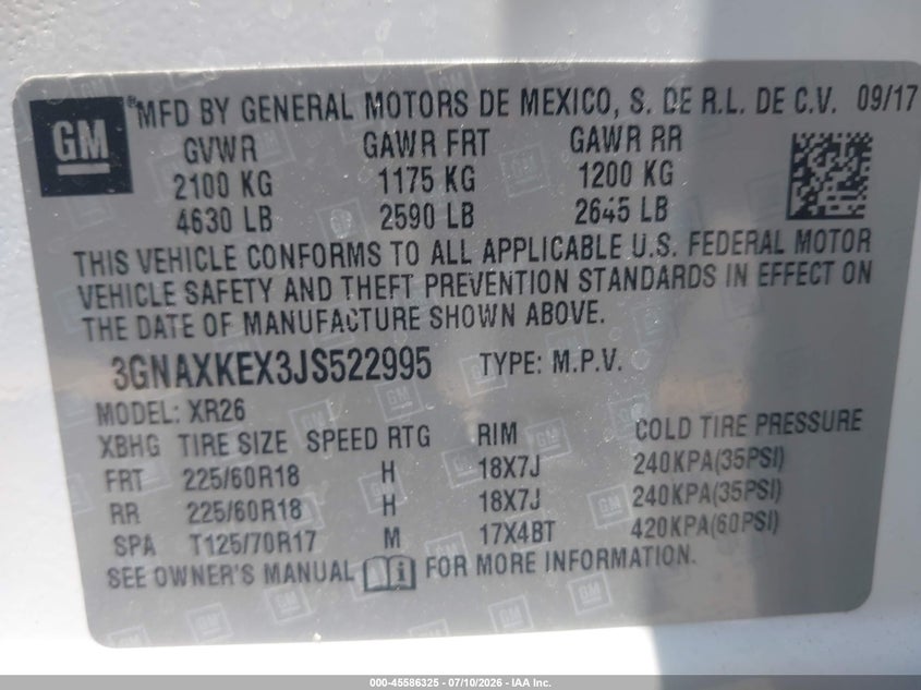 VIN 3GNAXKEX3JS522995 2018 CHEVROLET EQUINOX LT