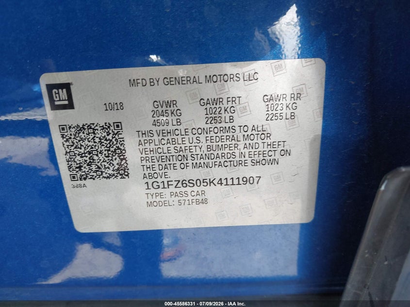 2019 Chevrolet Bolt Ev Premier VIN: 1G1FZ6S05K4111907 Lot: 45586331