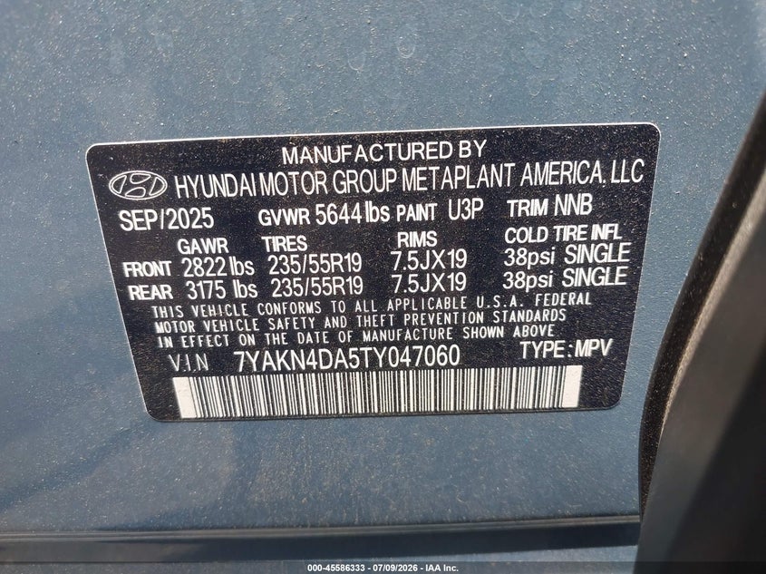 2026 Hyundai Ioniq 5 Sel VIN: 7YAKN4DA5TY047060 Lot: 45586333