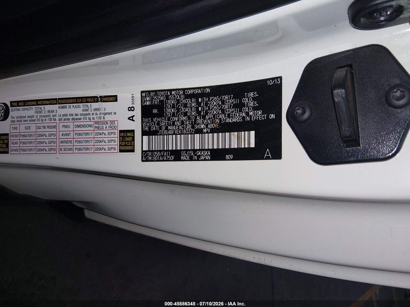 2014 Toyota Fj Cruiser VIN: JTEBU4BFXEK183372 Lot: 45586348