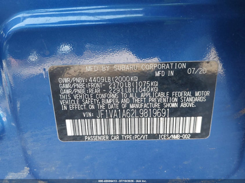 2020 Subaru Wrx VIN: JF1VA1A62L9819691 Lot: 45586413