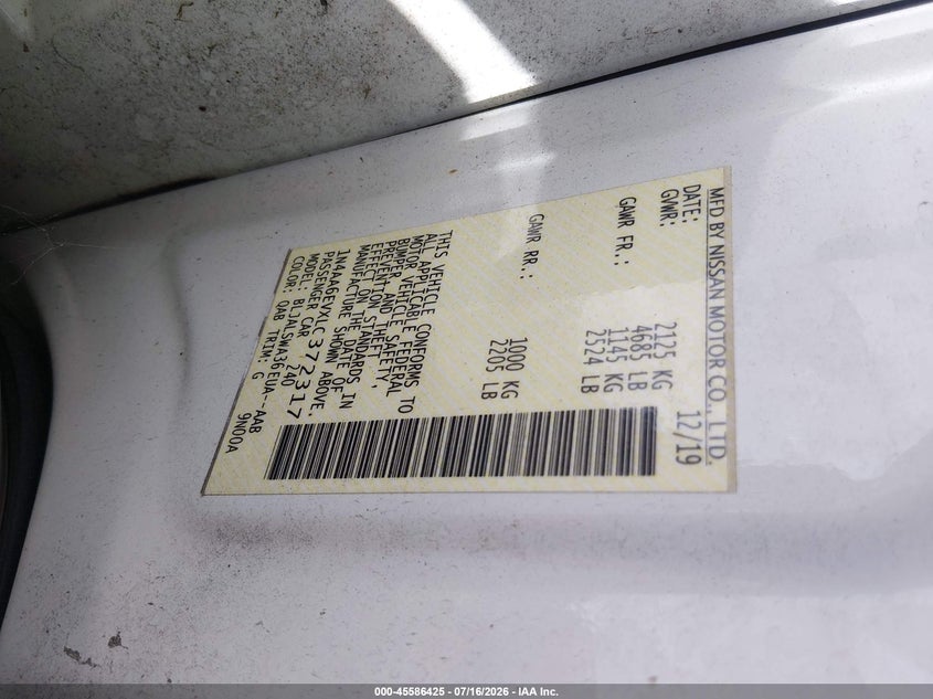 2020 Nissan Maxima Sr Xtronic Cvt VIN: 1N4AA6EVXLC372317 Lot: 45586425