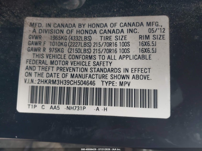 2012 Honda Cr-V Lx VIN: 2HKRM3H39CH504646 Lot: 45586429