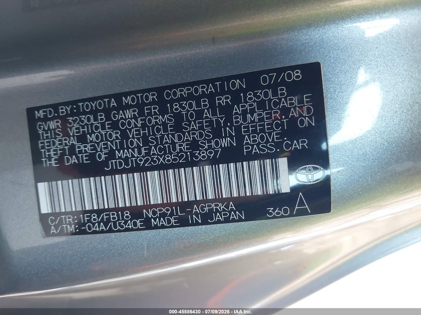 2008 Toyota Yaris VIN: JTDJT923X85213897 Lot: 45586430