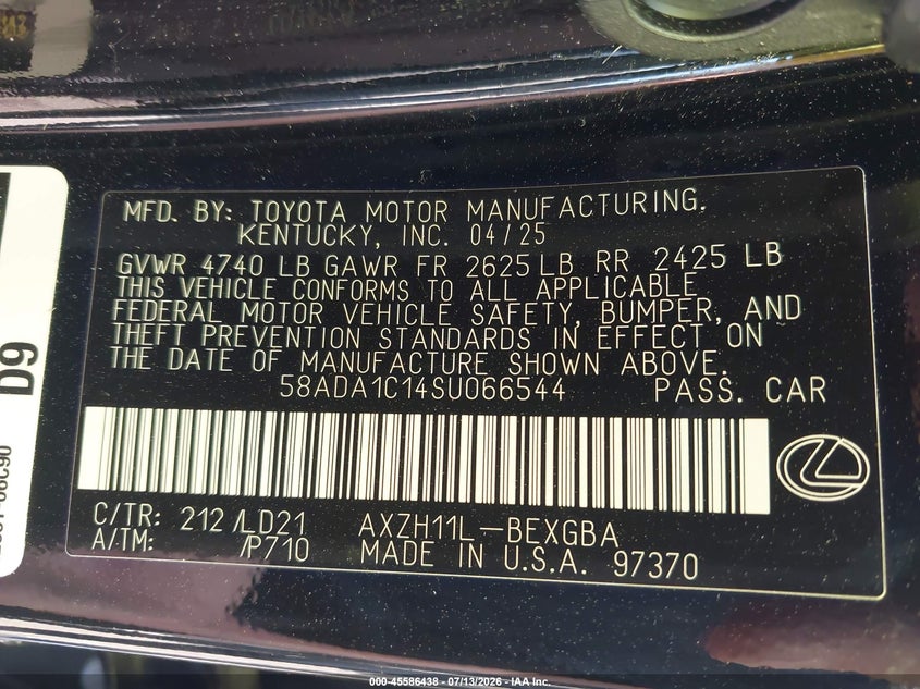 2025 Lexus Es 300H F Sport Design VIN: 58ADA1C14SU066544 Lot: 45586438