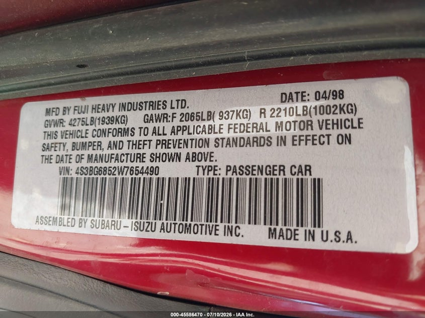 1998 Subaru Legacy Outback/Outback Limited/Outback Sport VIN: 4S3BG6852W7654490 Lot: 45586470