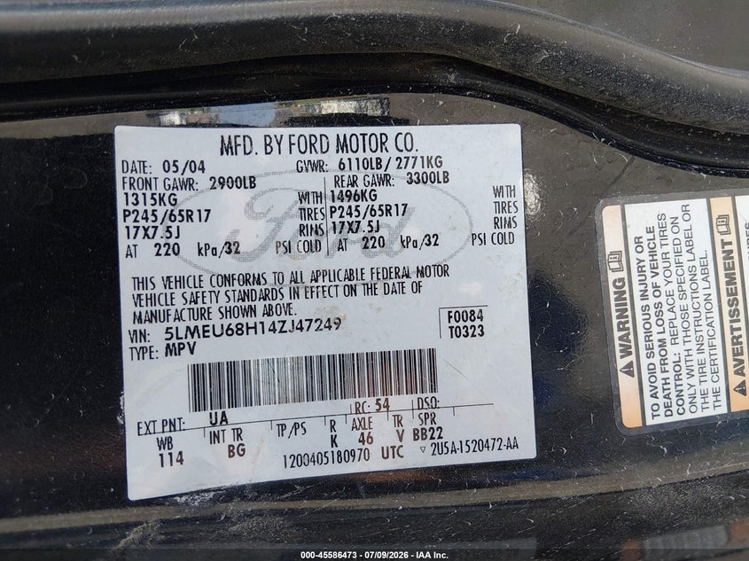 2004 Lincoln Aviator VIN: 5LMEU68H14ZJ47249 Lot: 45586473
