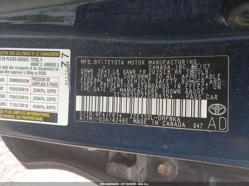 2007 Toyota Matrix Xr VIN: 2T1KR32E27C684154 Lot: 45586489