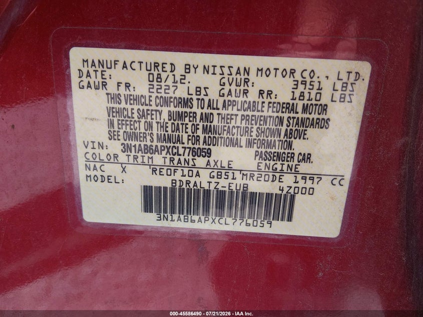 2012 Nissan Sentra 2.0 S VIN: 3N1AB6APXCL776059 Lot: 45586490