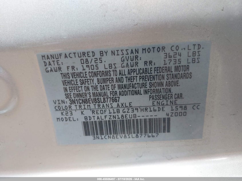 2025 Nissan Versa 1.6 Sv VIN: 3N1CN8EV8SL877667 Lot: 45586497