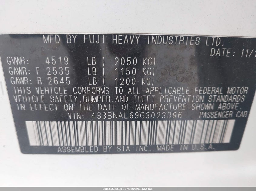 2016 SUBARU LEGACY SEDAN 2.5L H-4 DOHC, VVT, 175HP
