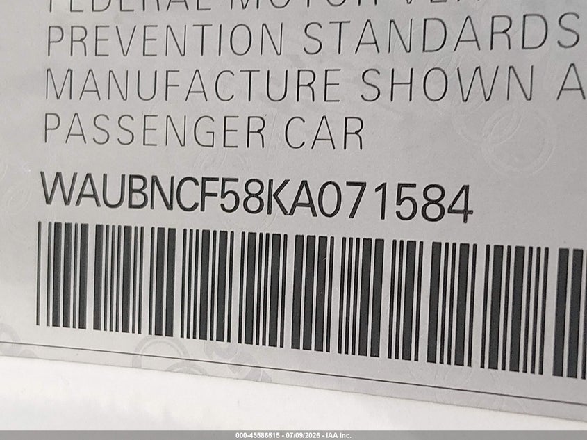 2019 Audi A5 45 Premium VIN: WAUBNCF58KA071584 Lot: 45586515