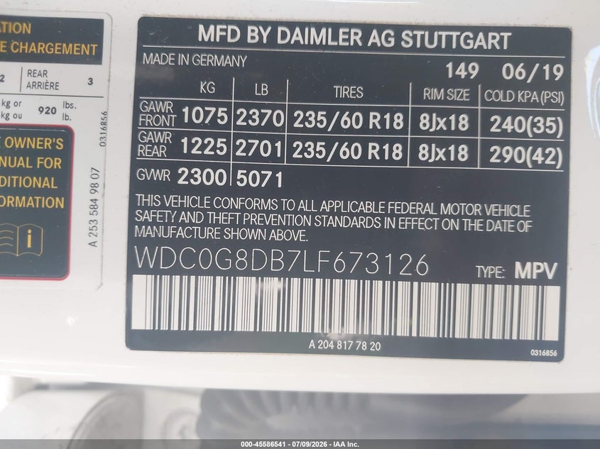 2020 Mercedes-Benz Glc 300 VIN: WDC0G8DB7LF673126 Lot: 45586541