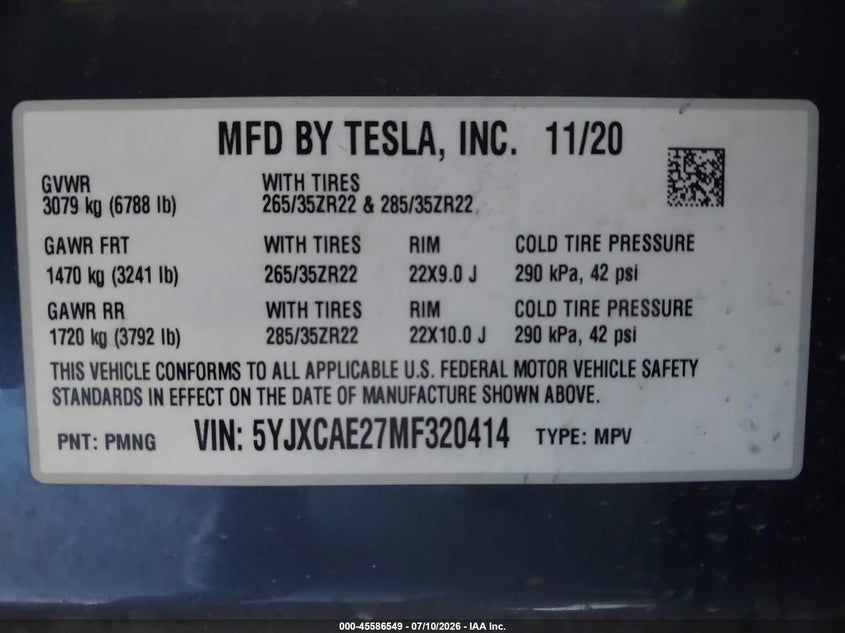 2021 Tesla Model X Long Range Dual Motor All-Wheel Drive/Long Range Plus Dual Motor All-Wheel Drive VIN: 5YJXCAE27MF320414 Lot: 45586549