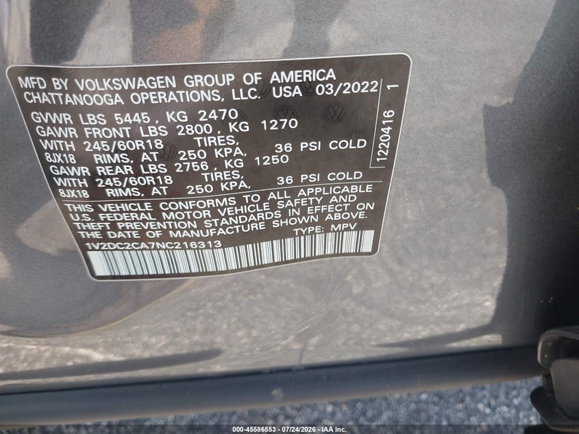 VOLKSWAGEN ATLAS CROSS SPORT 2022 VIN 1V2DC2CA7NC216313
