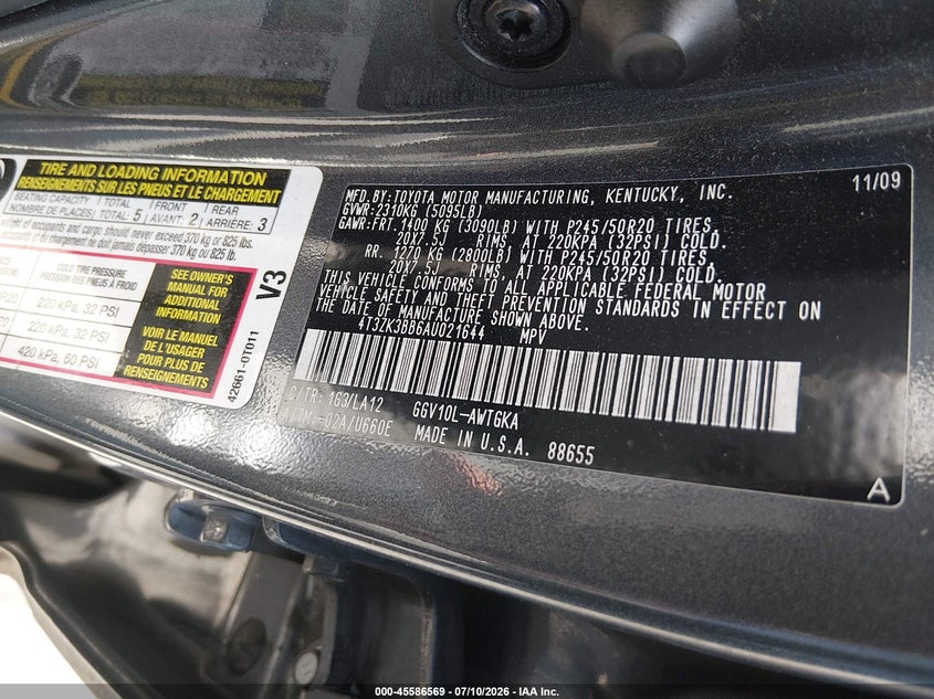 2010 Toyota Venza Base V6 VIN: 4T3ZK3BB6AU021644 Lot: 45586569
