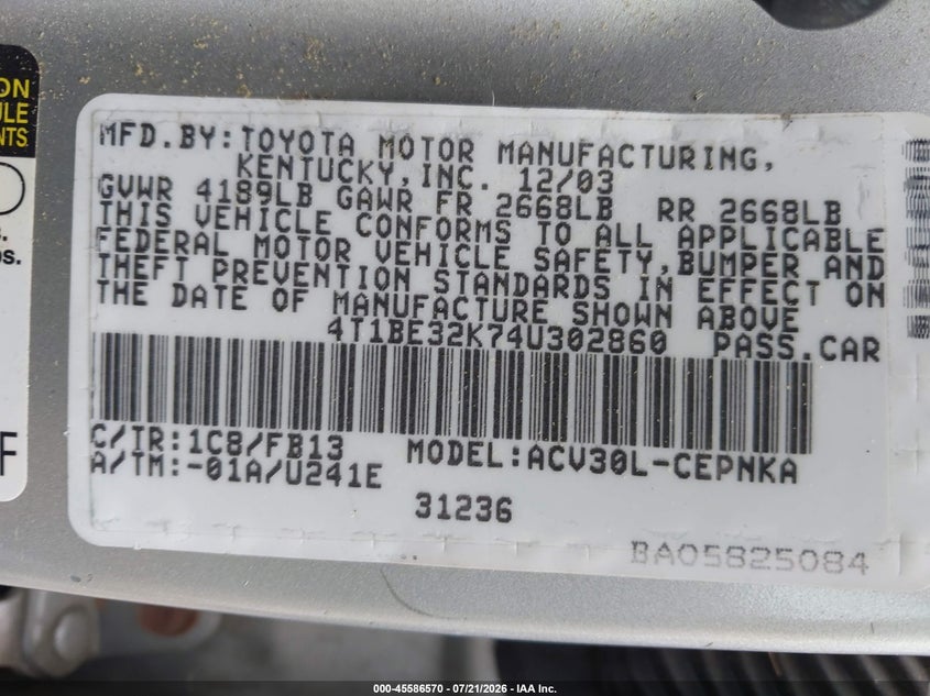 2004 Toyota Camry Le/Xle/Se VIN: 4T1BE32K744302860 Lot: 45586570
