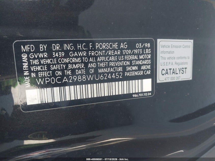 1998 Porsche Boxster VIN: WP0CA2988WU624452 Lot: 45586581