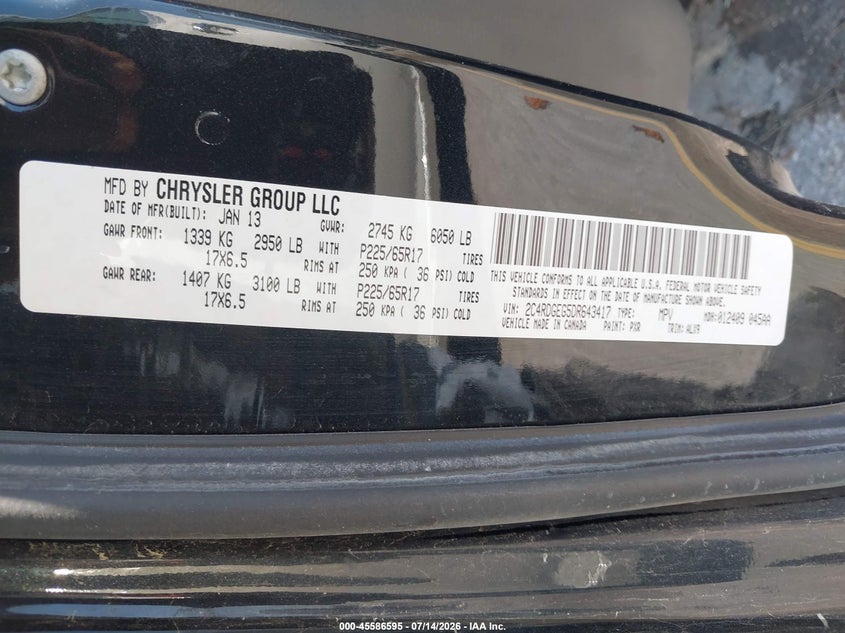 2013 Dodge Grand Caravan R/T VIN: 2C4RDGEG5DR643417 Lot: 45586595