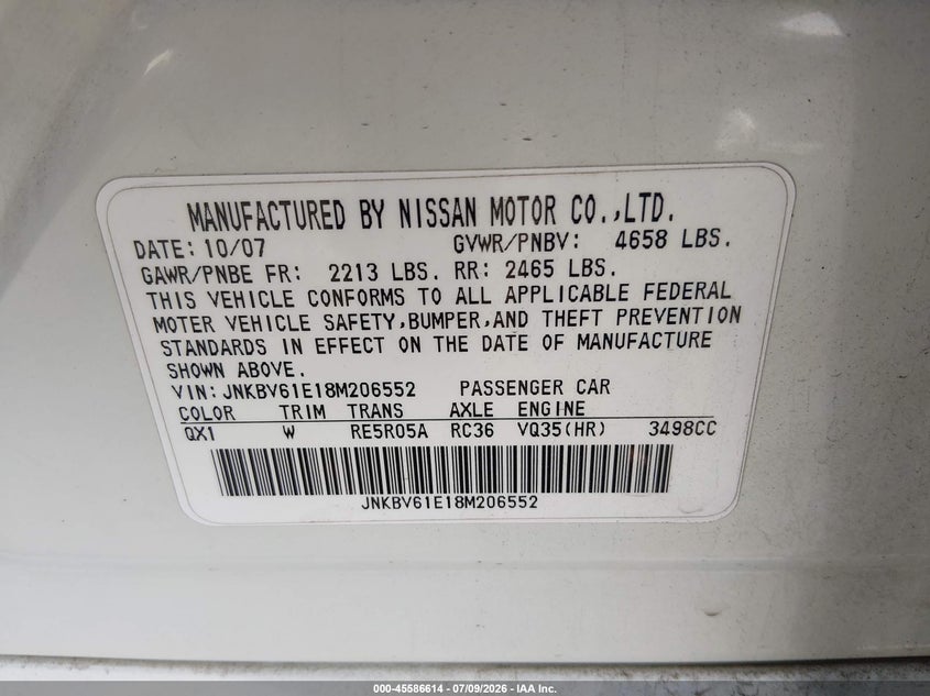 2008 Infiniti G35 Journey VIN: JNKBV61E18M206552 Lot: 45586614