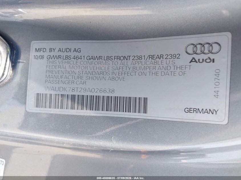 2009 Audi A5 3.2L VIN: WAUDK78T29A026638 Lot: 45586635