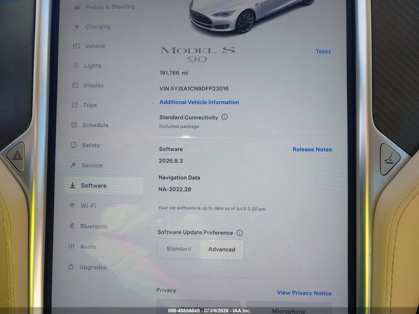 2013 Tesla Model S VIN: 5YJSA1CN9DFP23016 Lot: 45586640