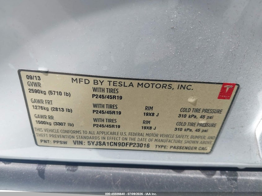 2013 Tesla Model S VIN: 5YJSA1CN9DFP23016 Lot: 45586640