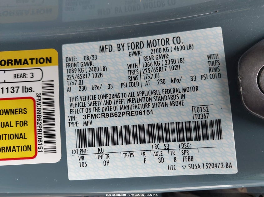 2023 Ford Bronco Sport Big Bend VIN: 3FMCR9B62PRE06151 Lot: 45586689