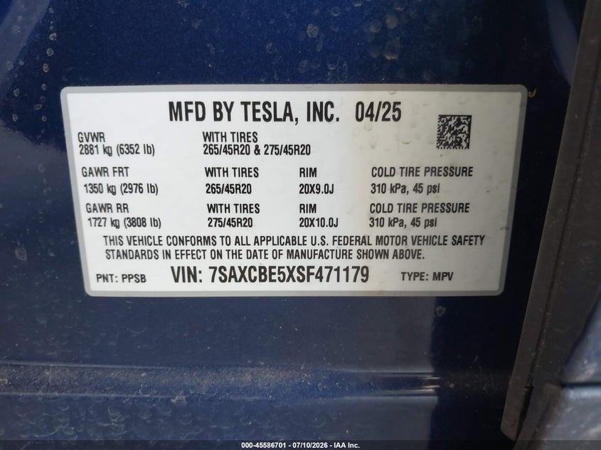 2025 Tesla Model X Long Range VIN: 7SAXCBE5XSF471179 Lot: 45586701