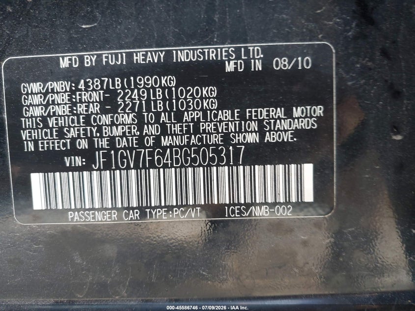 SUBARU IMPREZA 2011 VIN JF1GV7F64BG505317
