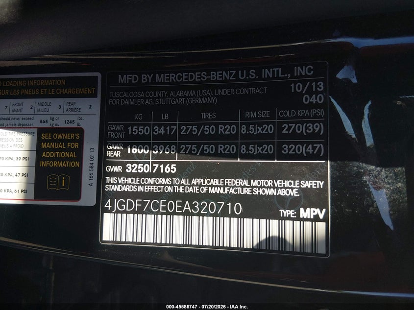 2014 Mercedes-Benz Gl 450 4Matic VIN: 4JGDF7CE0EA320710 Lot: 45586747