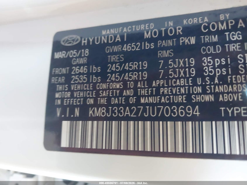 2018 Hyundai Tucson Value VIN: KM8J33A27JU703694 Lot: 45586761