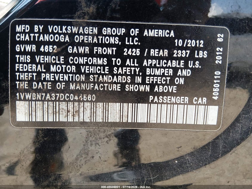 2013 Volkswagen Passat 2.0L Tdi Se VIN: 1VWBN7A37DC044560 Lot: 45586801