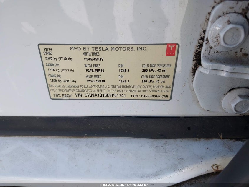 2014 Tesla Model S VIN: 5YJSA1S16EFP61741 Lot: 45586814