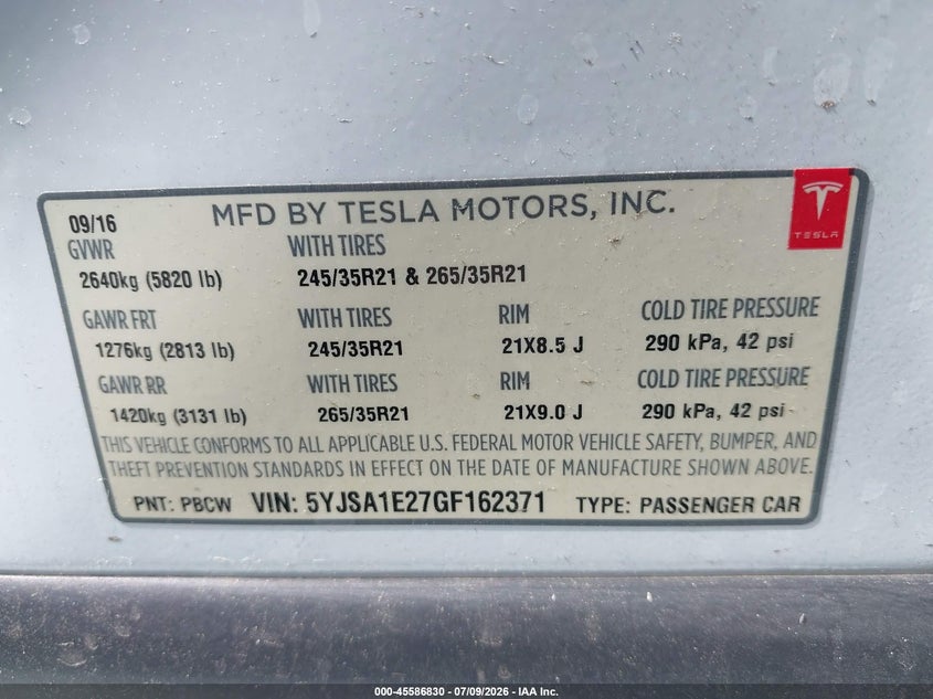 2016 Tesla Model S 60D/70D/75D/85D/90D VIN: 5YJSA1E27GF162371 Lot: 45586830