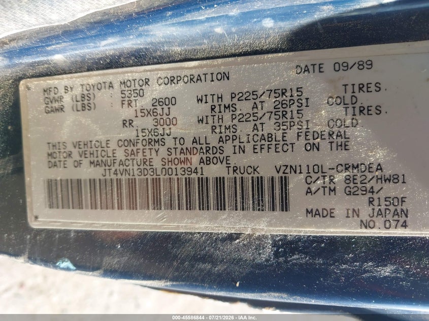 1990 Toyota Pickup 1/2 Ton Ex Lng Whlbse Dlx VIN: JT4VN13D3L0013941 Lot: 45586844