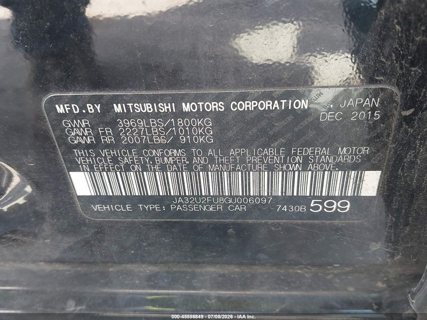 MITSUBISHI LANCER 2016 VIN JA32U2FU8GU006097