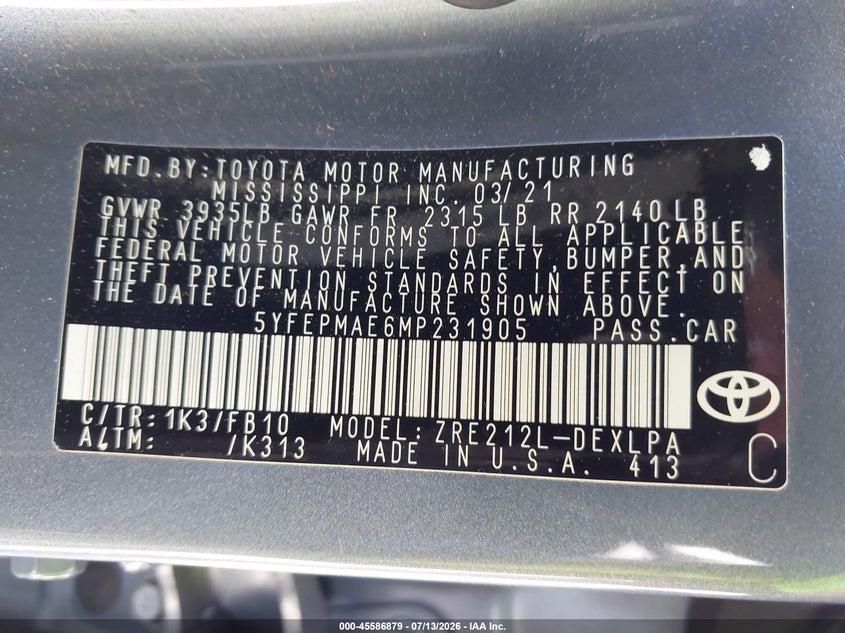 2021 Toyota Corolla Le VIN: 5YFEPMAE6MP231905 Lot: 45586879