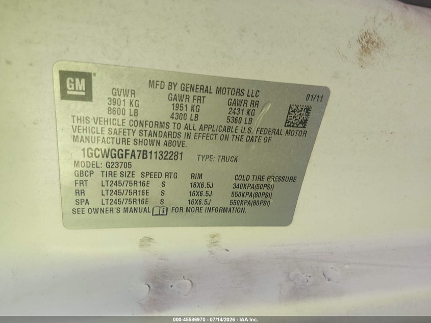 2011 Chevrolet Express 2500 Work Van VIN: 1GCWGGFA7B1132281 Lot: 45586970
