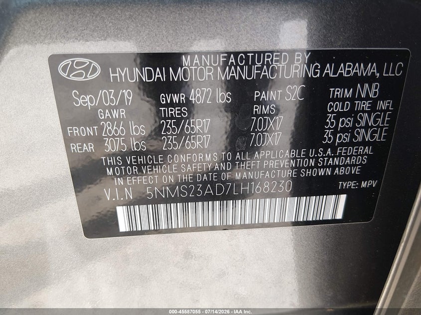 2020 Hyundai Santa Fe Se VIN: 5NMS23AD7LH168230 Lot: 45587055