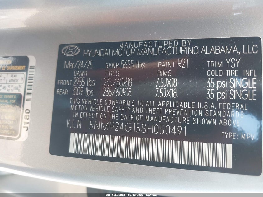 2025 Hyundai Santa Fe Hybrid Sel VIN: 5NMP24G15SH050491 Lot: 45587064