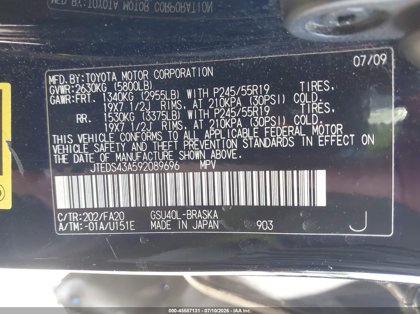 2009 TOYOTA HIGHLANDER SPORT UTILITY VEHICLE 3.5L V-6 DOHC, VVT, 270HP