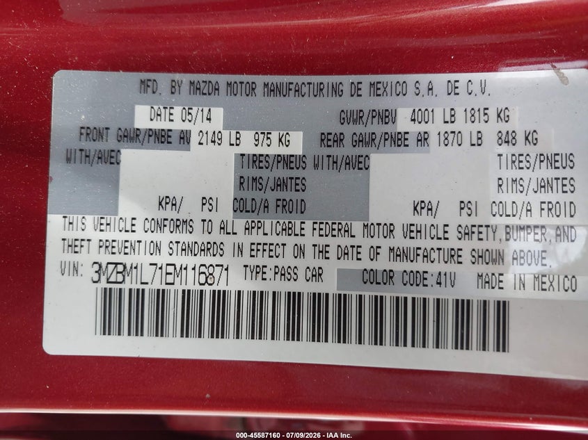 MAZDA MAZDA3 2014 VIN 3MZBM1L71EM116871