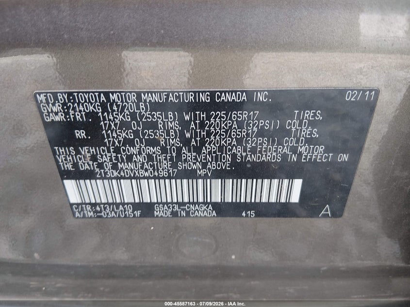 2011 TOYOTA RAV 4 SPORT UTILITY VEHICLE 3.5L V-6 DOHC, VVT, 269HP